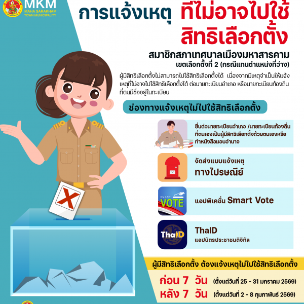 การแจ้งเหตุที่ไม่ไปใช้สิทธิเลือกตั้ง สมาชิกสภาเทศบาลเมืองมหาสารคาม (กรณีแทนตำแหน่งที่ว่าง)